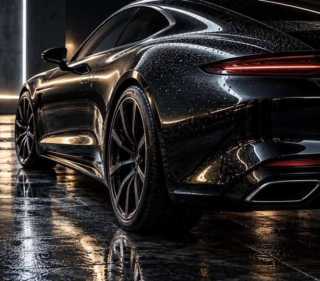 艶のある黒いスポーツカーの後ろ姿