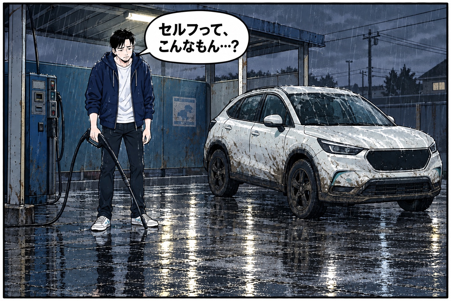 コマ1：雨の中、汚れた車の前で「セルフって、こんなもん…？」とつぶやく男性